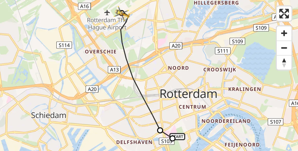 Vluchtroute Traumahelikopter Leids Universitair Medisch Centrum (LUMC) - Rotterdam The Hague Airport, 25 juli 2026, 11:57