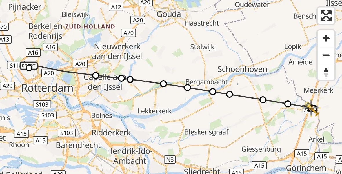 Vluchtroute Traumahelikopter Rotterdam The Hague Airport - Hoogblokland, 25 juli 2026, 12:09