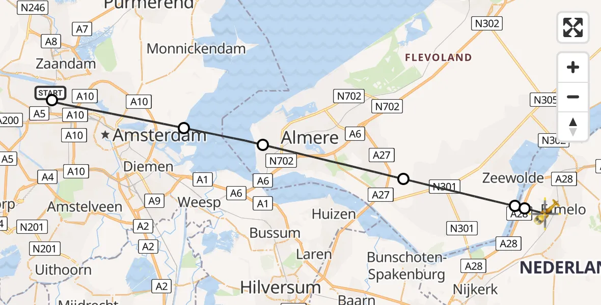 Vluchtroute Traumahelikopter Amsterdam Heliport - Ermelo, 25 juli 2026, 12:37