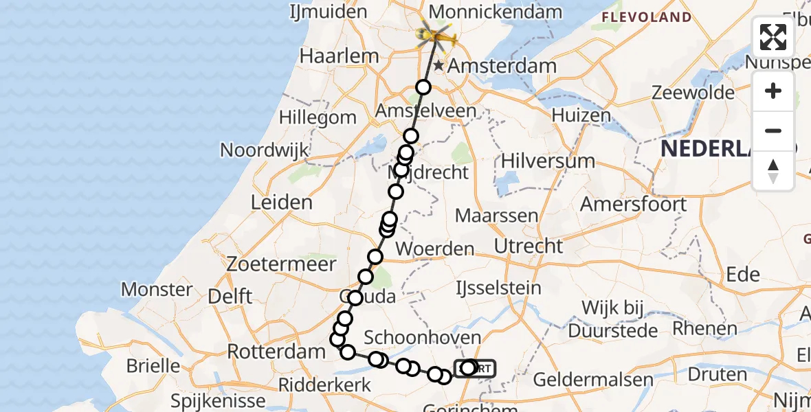 Vluchtroute Traumahelikopter Hoogblokland - Amsterdam, 25 juli 2026, 12:38
