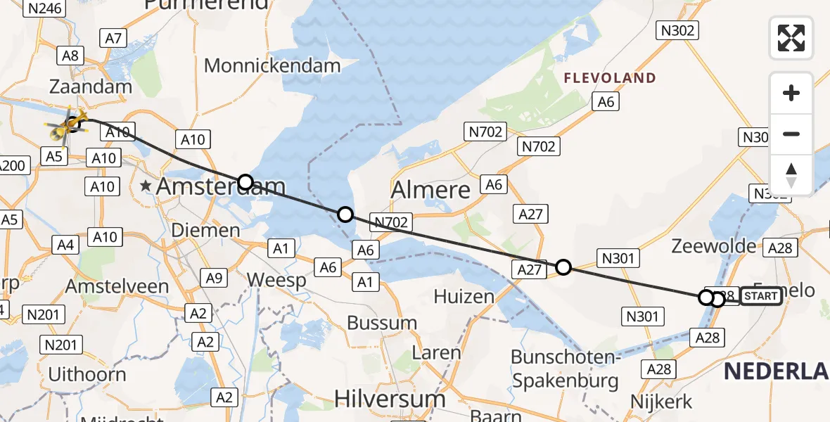 Vluchtroute Traumahelikopter Ermelo - Amsterdam Heliport, 25 juli 2026, 13:06