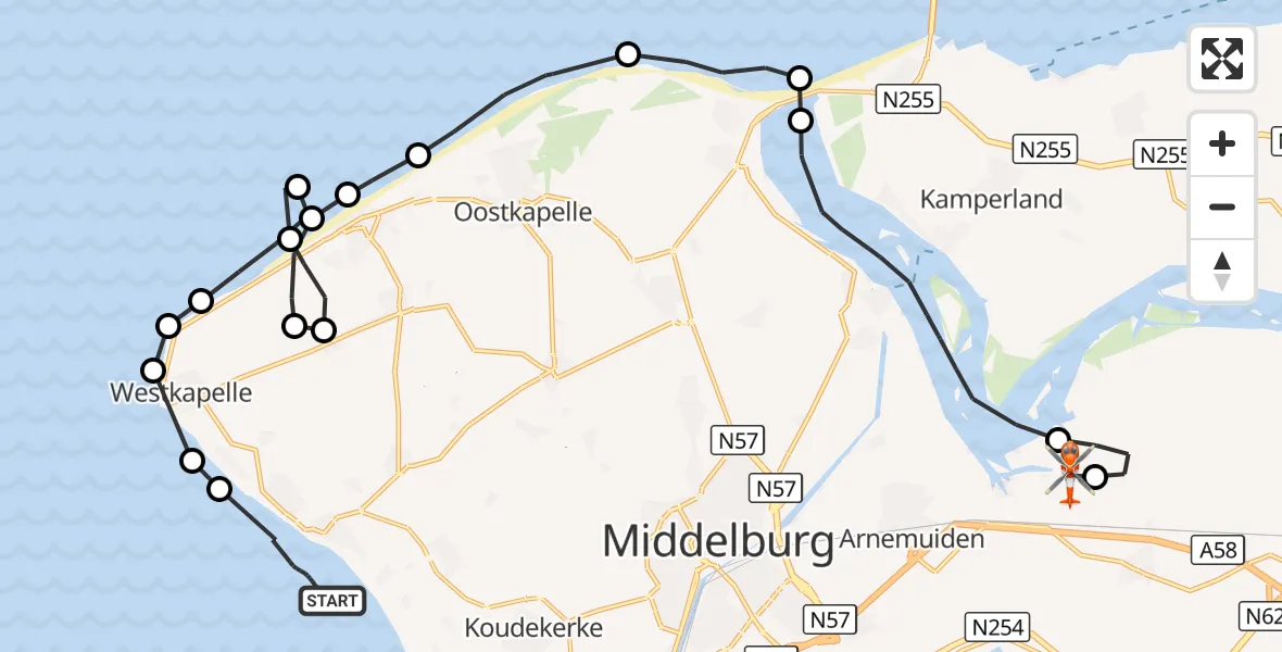 Vluchtroute Kustwachthelikopter Noordzee - Vliegveld Midden-Zeeland, 25 juli 2026, 13:11