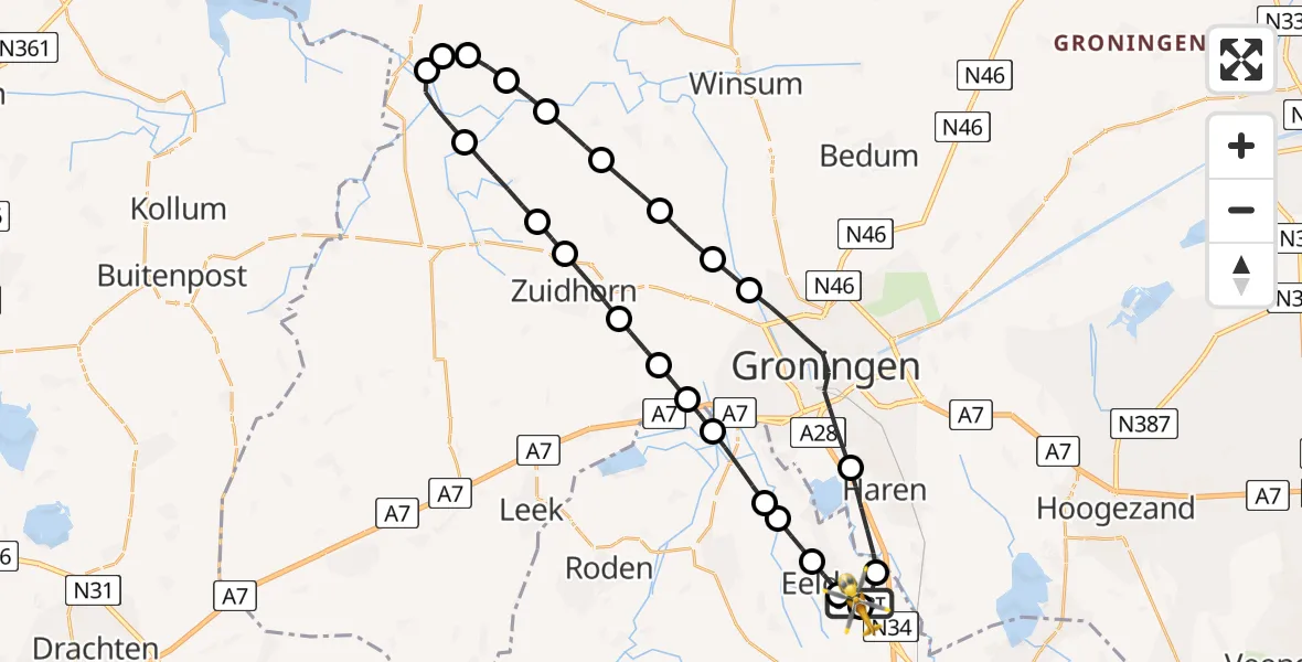 Vluchtroute Traumahelikopter Groningen Airport Eelde - Groningen Airport Eelde, 25 juli 2026, 13:28