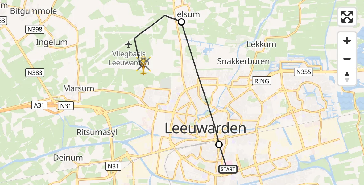 Vluchtroute Ambulancehelikopter Leeuwarden Medical Center Heliport - Vliegbasis Leeuwarden, 25 juli 2026, 16:53