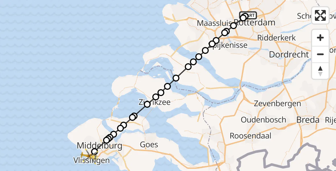 Vluchtroute Traumahelikopter Rotterdam The Hague Airport - Vlissingen, 25 juli 2026, 17:24