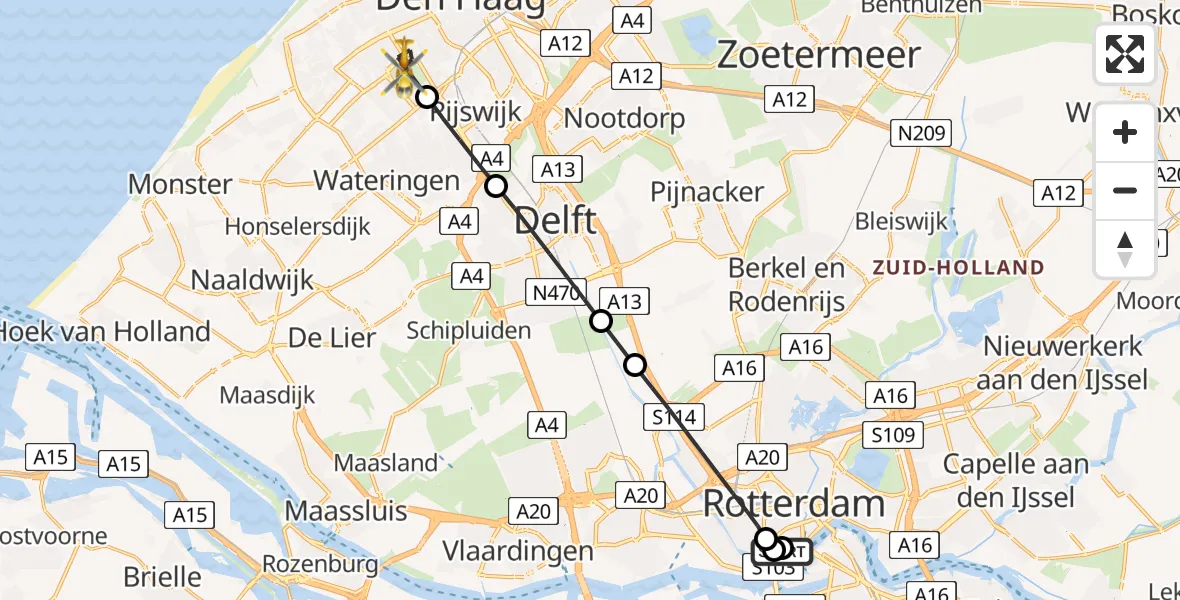 Vluchtroute Traumahelikopter Leids Universitair Medisch Centrum (LUMC) - 's-Gravenhage, 25 juli 2026, 19:01