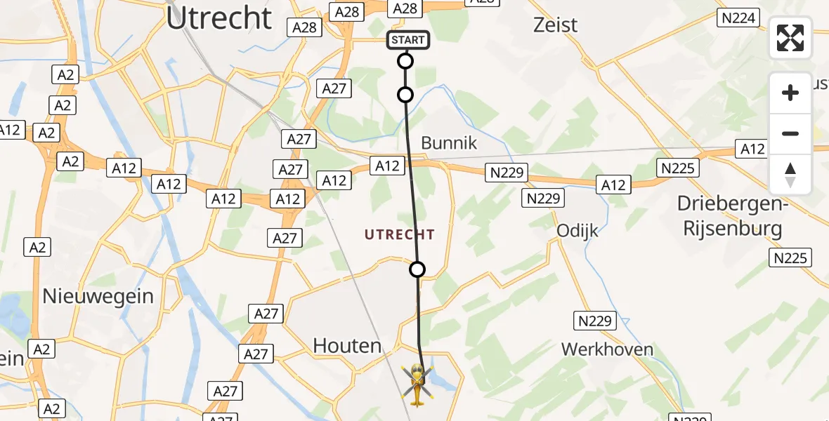 Vluchtroute Traumahelikopter Universitair Medisch Centrum Utrecht - Houten, 25 juli 2026, 19:09