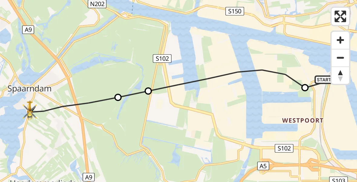 Vluchtroute Traumahelikopter Amsterdam Heliport - Spaarndam, 25 juli 2026, 20:29