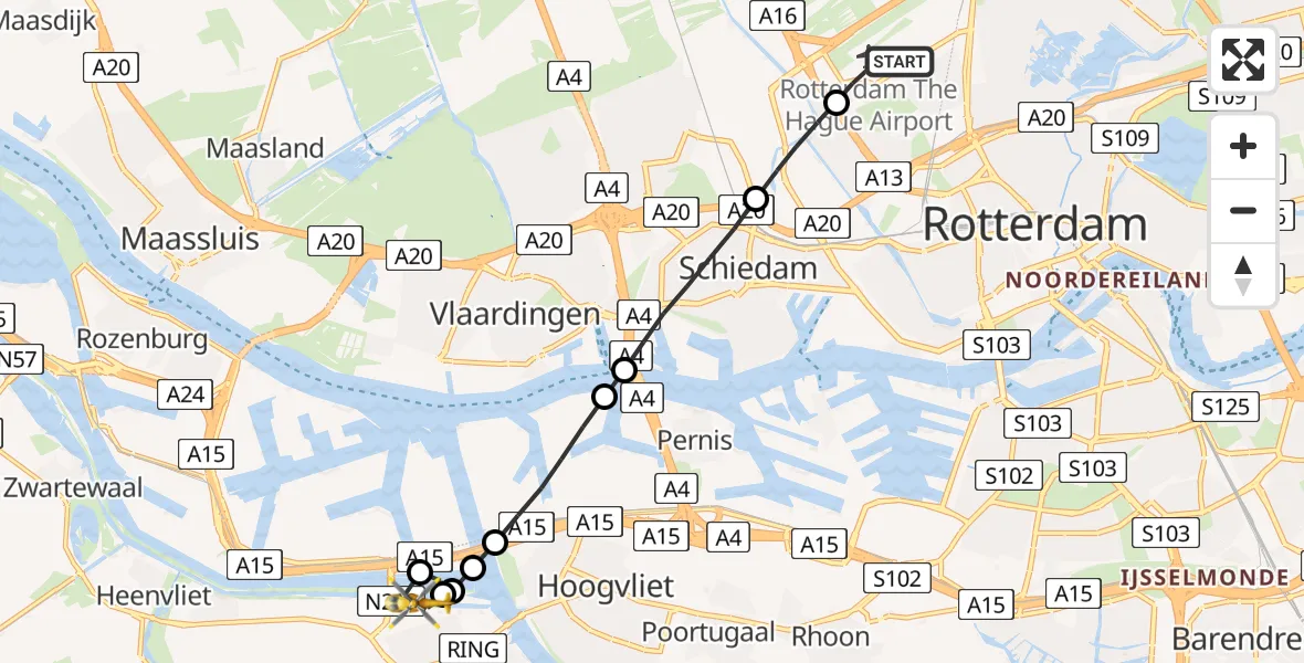 Vluchtroute Traumahelikopter Rotterdam The Hague Airport - Spijkenisse, 25 juli 2026, 20:41