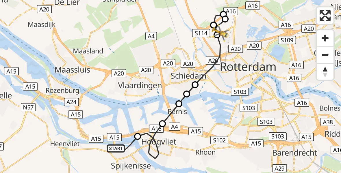 Vluchtroute Traumahelikopter Spijkenisse - Rotterdam The Hague Airport, 25 juli 2026, 20:51