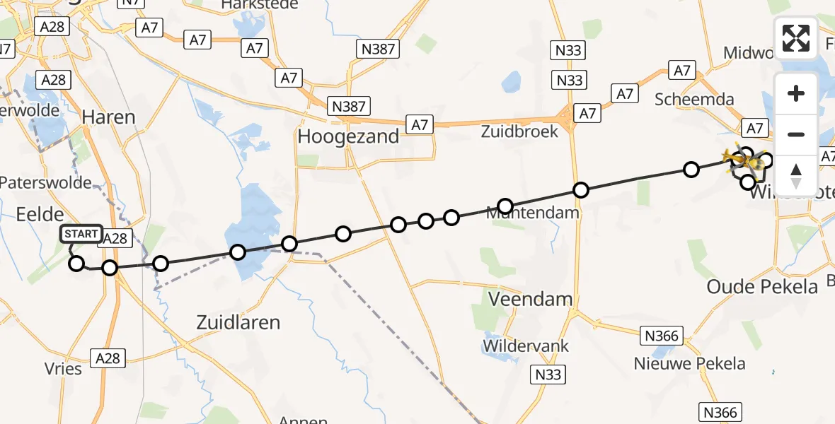 Vluchtroute Traumahelikopter Groningen Airport Eelde - Heiligerlee, 25 juli 2026, 21:13