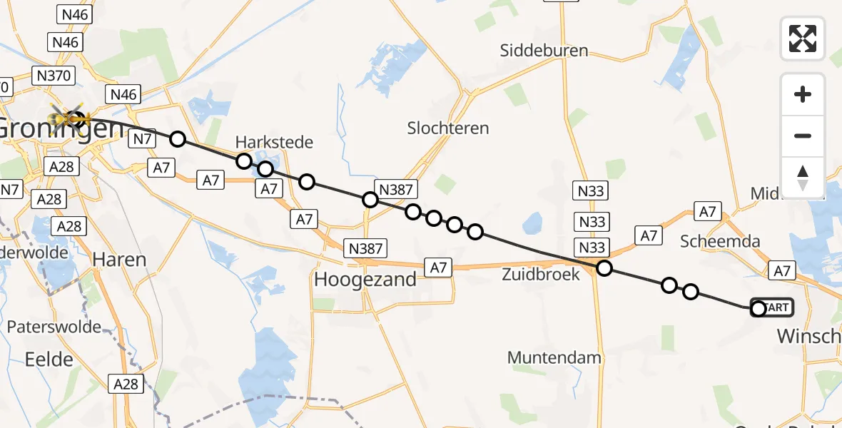 Vluchtroute Traumahelikopter Heiligerlee - Universitair Medisch Centrum Groningen, 25 juli 2026, 21:52
