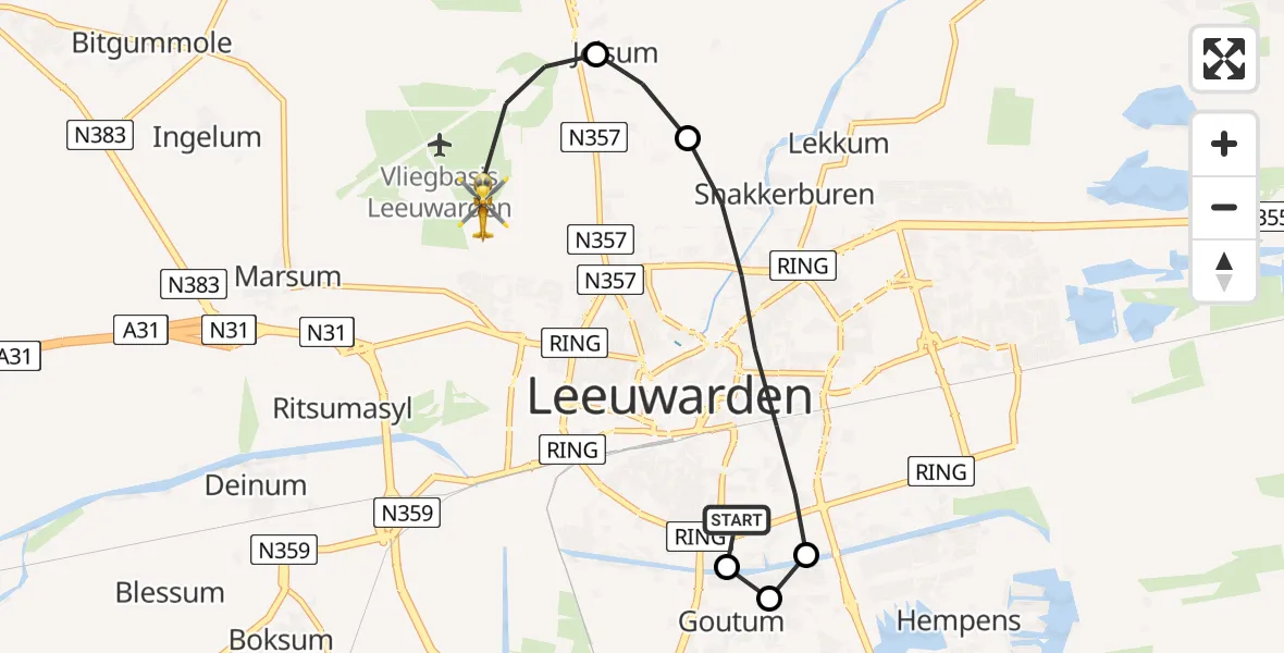 Vluchtroute Ambulancehelikopter Leeuwarden Medical Center Heliport - Vliegbasis Leeuwarden, 25 juli 2026, 22:17