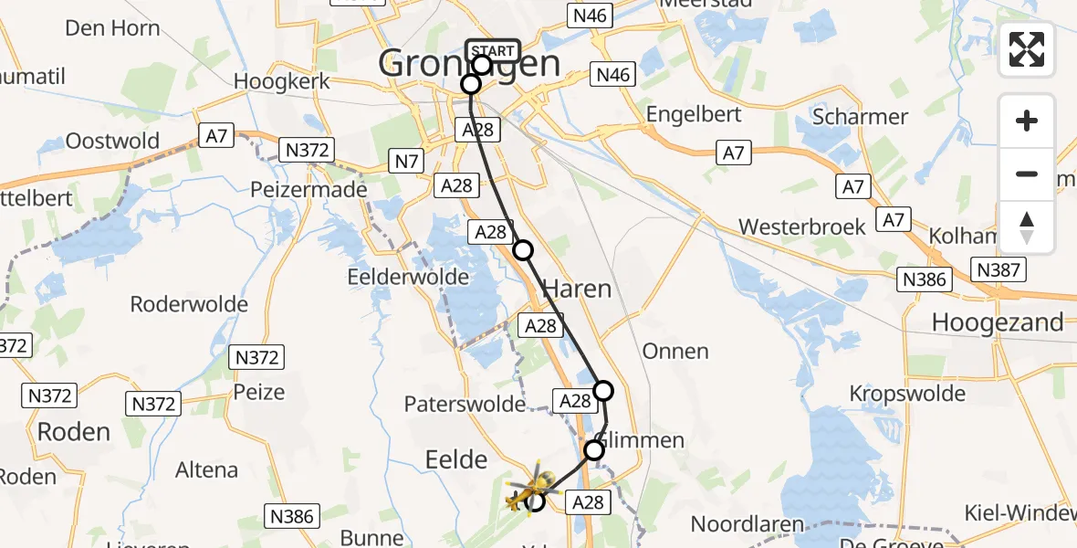 Vluchtroute Traumahelikopter Universitair Medisch Centrum Groningen - Groningen Airport Eelde, 25 juli 2026, 22:23
