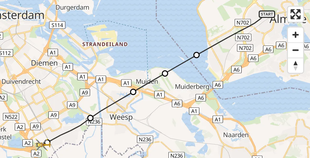 Vluchtroute Traumahelikopter Almere - Amsterdam UMC Helipad, 25 juli 2026, 23:23