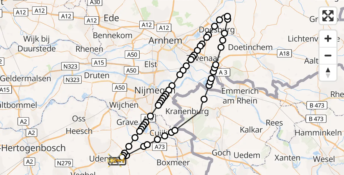 Vluchtroute Traumahelikopter Vliegbasis Volkel - Vliegbasis Volkel, 25 juli 2026, 23:49