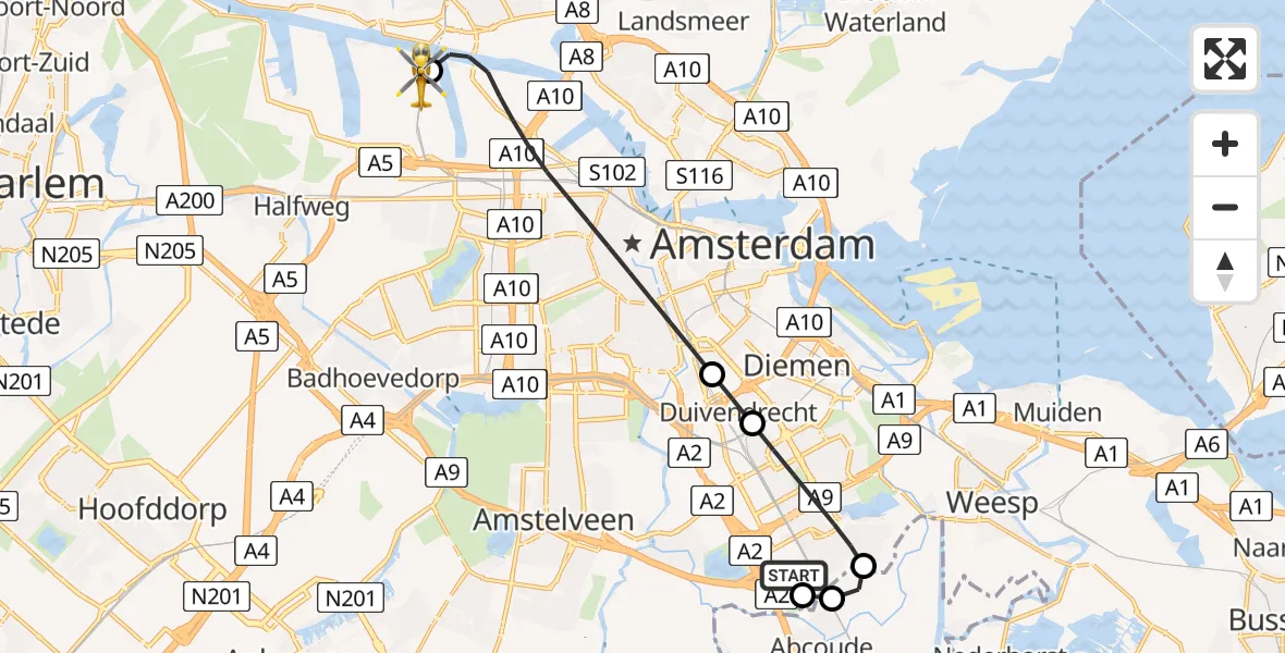 Vluchtroute Traumahelikopter Amsterdam UMC Helipad - Amsterdam Heliport, 25 juli 2026, 23:55