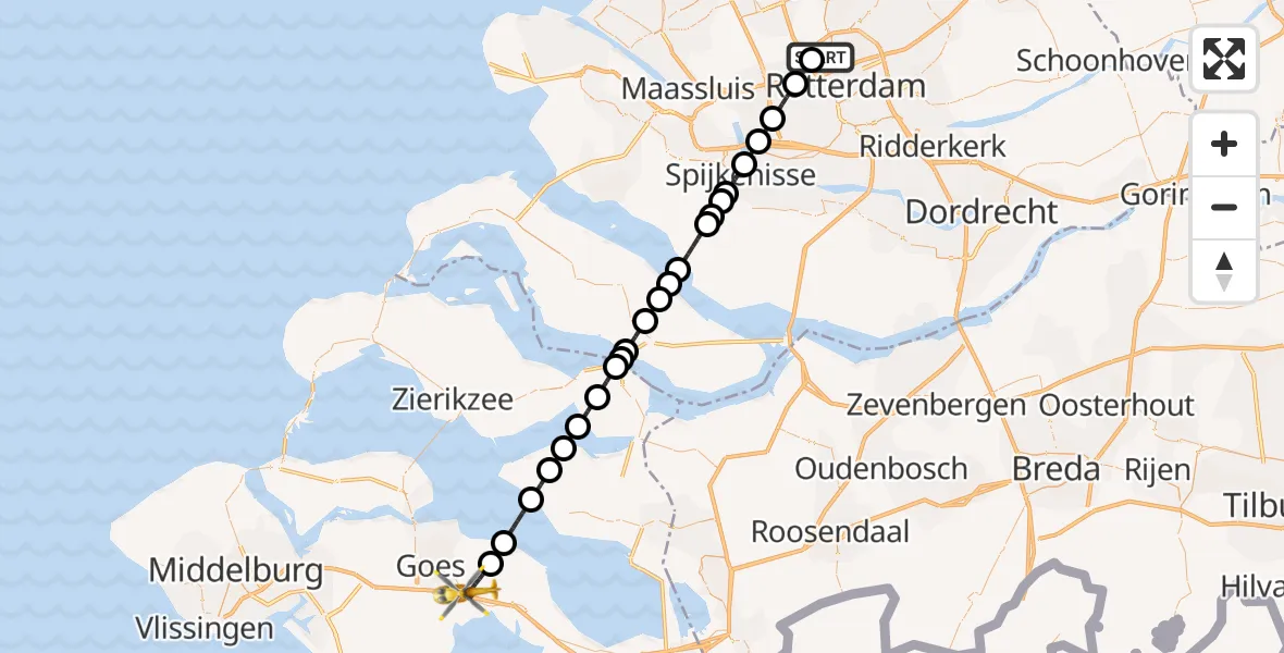 Vluchtroute Traumahelikopter Rotterdam The Hague Airport - Kapelle, 26 juli 2026, 00:50