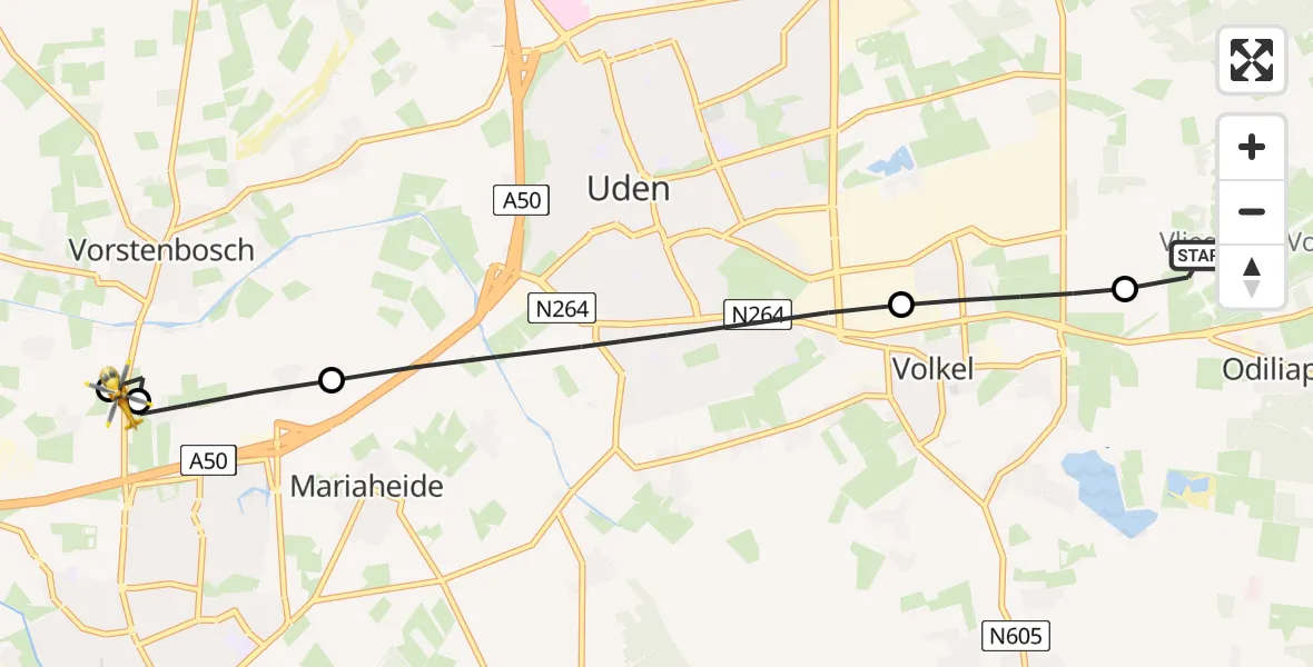 Vluchtroute Traumahelikopter Vliegbasis Volkel - Veghel, 26 juli 2026, 00:56