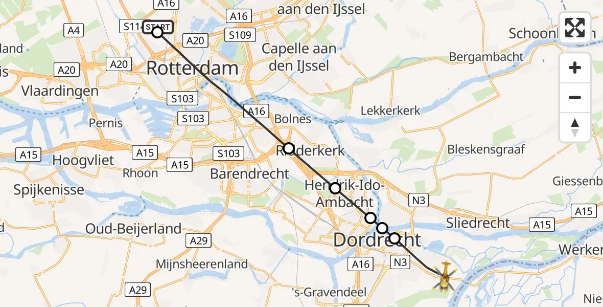 Vluchtroute Traumahelikopter Rotterdam The Hague Airport - Dordrecht, 26 juli 2026, 05:14