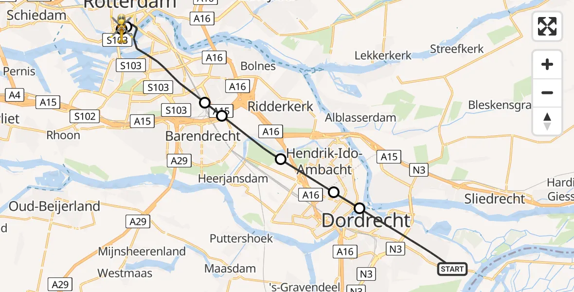 Vluchtroute Traumahelikopter Dordrecht - Leids Universitair Medisch Centrum (LUMC), 26 juli 2026, 05:54