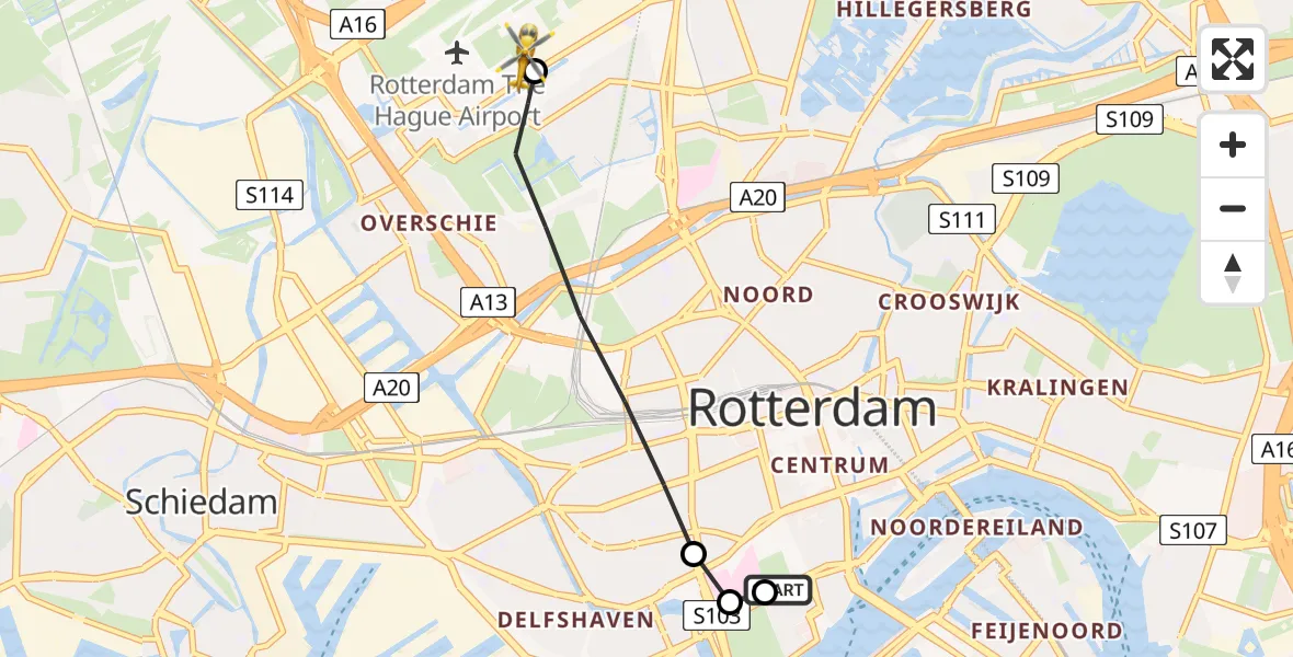 Vluchtroute Traumahelikopter Leids Universitair Medisch Centrum (LUMC) - Rotterdam The Hague Airport, 26 juli 2026, 06:26