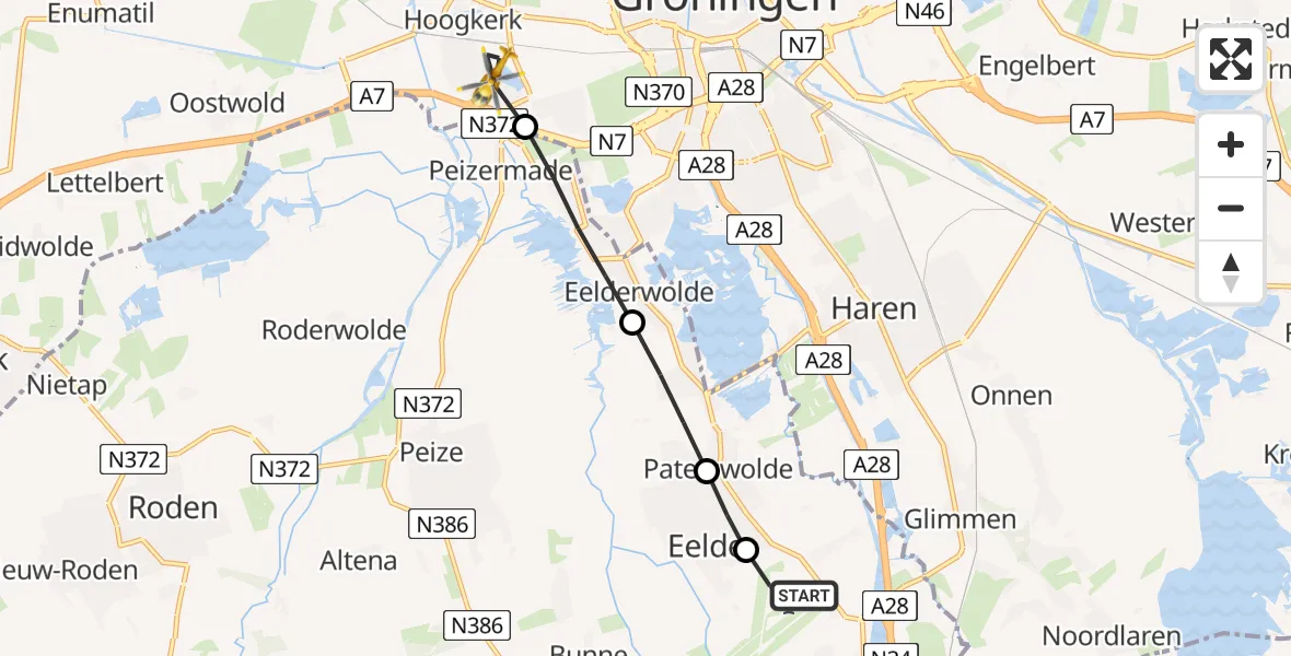Vluchtroute Traumahelikopter Groningen Airport Eelde - Groningen, 26 juli 2026, 07:07