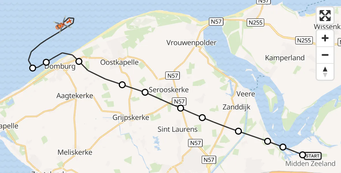 Vluchtroute Kustwachthelikopter Vliegveld Midden-Zeeland - Noordzee, 26 juli 2026, 11:39