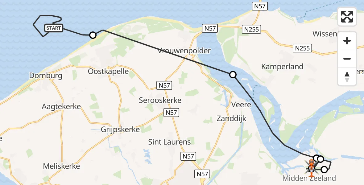 Vluchtroute Kustwachthelikopter Noordzee - Vliegveld Midden-Zeeland, 26 juli 2026, 12:13