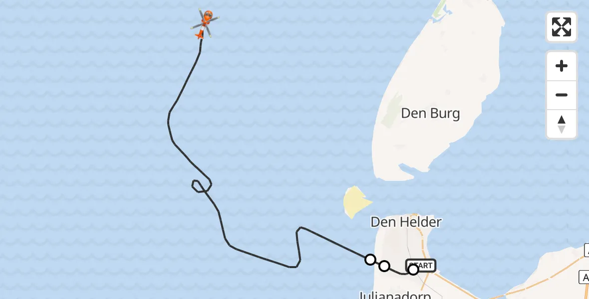 Vluchtroute Kustwachthelikopter Militair vliegveld De Kooy / Den Helder Airport - Noordzee, 26 juli 2026, 13:10