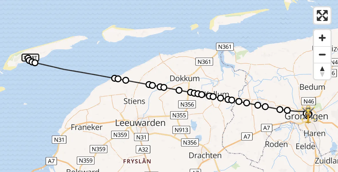 Vluchtroute Ambulancehelikopter Terschelling Heliport - Universitair Medisch Centrum Groningen, 26 juli 2026, 17:15