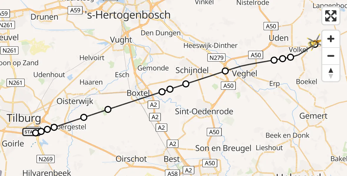Vluchtroute Traumahelikopter St. Elisabeth Hospital Heliport - Vliegbasis Volkel, 26 juli 2026, 17:19