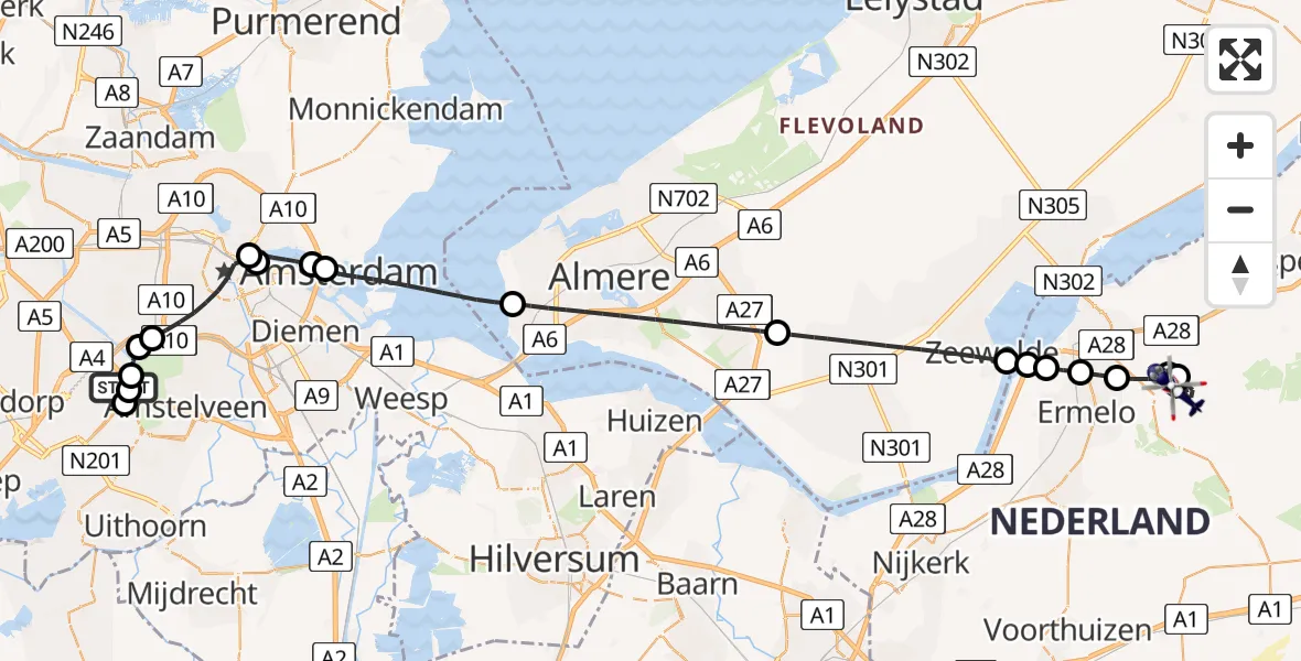 Vluchtroute Politiehelikopter Amsterdam Vliegveld Schiphol - Ermelo, 26 juli 2026, 17:58