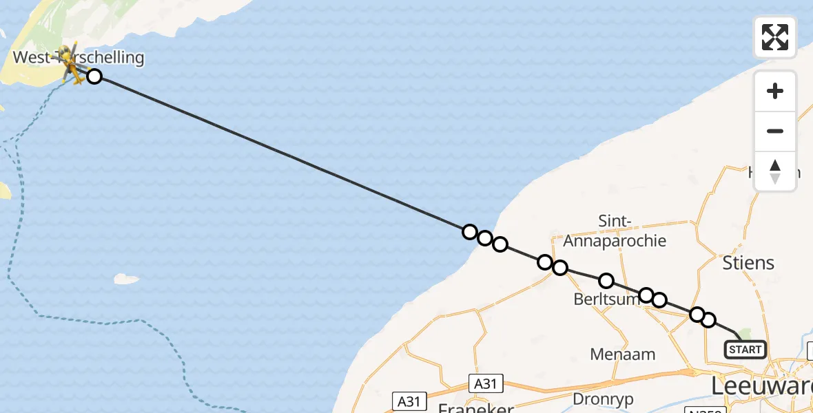 Vluchtroute Ambulancehelikopter Vliegbasis Leeuwarden - West-Terschelling, 27 juli 2026, 07:22