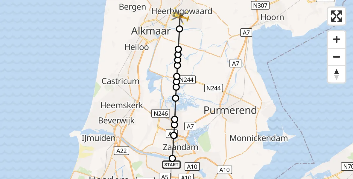 Vluchtroute Traumahelikopter Amsterdam Heliport - Heerhugowaard, 27 juli 2026, 07:23