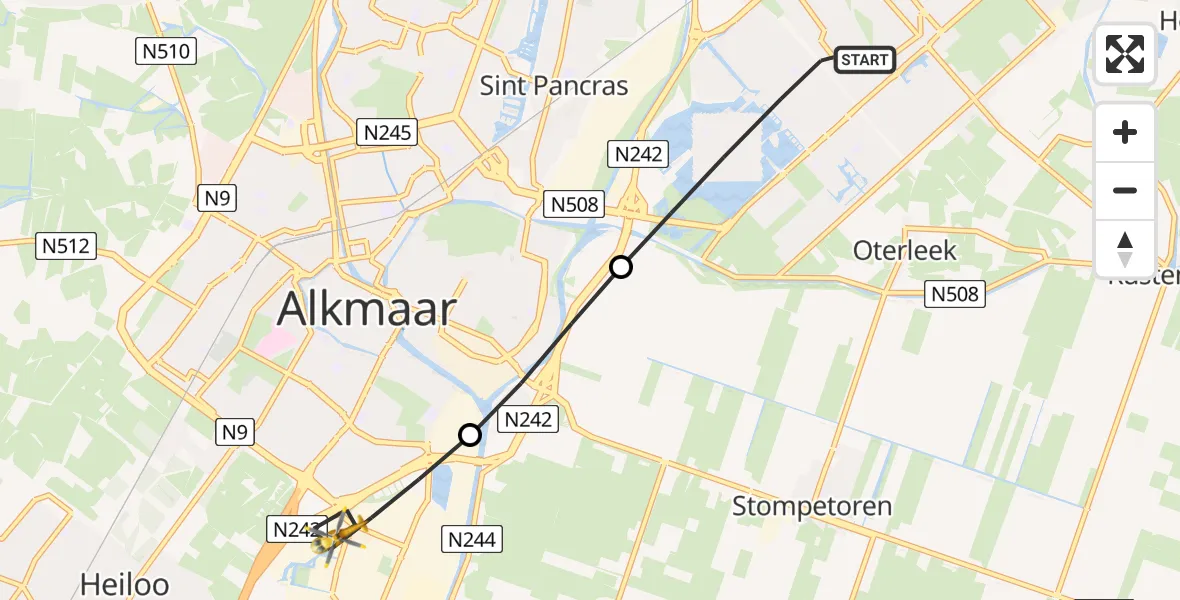 Vluchtroute Traumahelikopter Heerhugowaard - Alkmaar, 27 juli 2026, 08:00