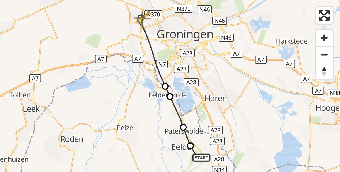 Vluchtroute Traumahelikopter Groningen Airport Eelde - Groningen, 27 juli 2026, 08:32