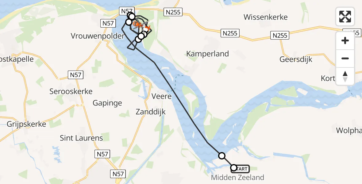 Vluchtroute Kustwachthelikopter Vliegveld Midden-Zeeland - Kamperland, 27 juli 2026, 11:42