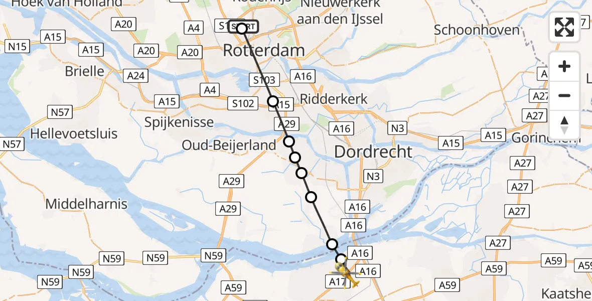 Vluchtroute Traumahelikopter Rotterdam The Hague Airport - Moerdijk, 27 juli 2026, 13:26