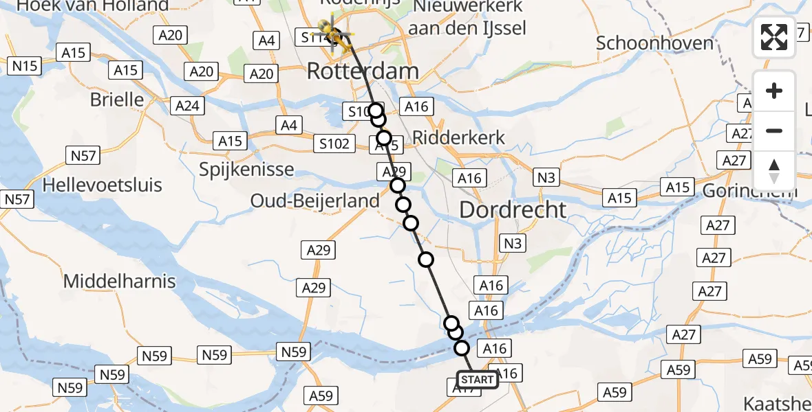 Vluchtroute Traumahelikopter Moerdijk - Rotterdam The Hague Airport, 27 juli 2026, 13:47