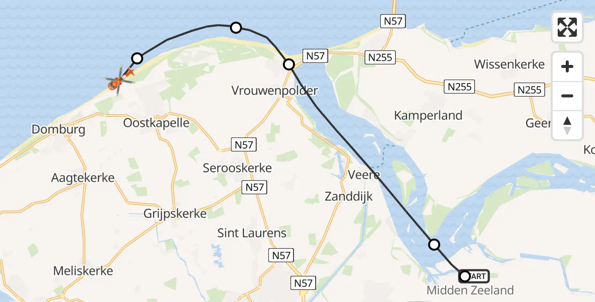 Vluchtroute Kustwachthelikopter Vliegveld Midden-Zeeland - Oostkapelle, 27 juli 2026, 18:22