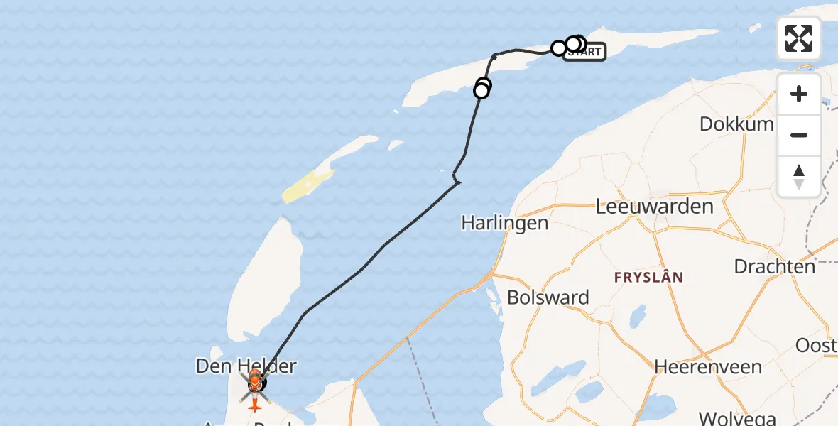 Vluchtroute Kustwachthelikopter Waddenzee - Militair vliegveld De Kooy / Den Helder Airport, 27 juli 2026, 18:31