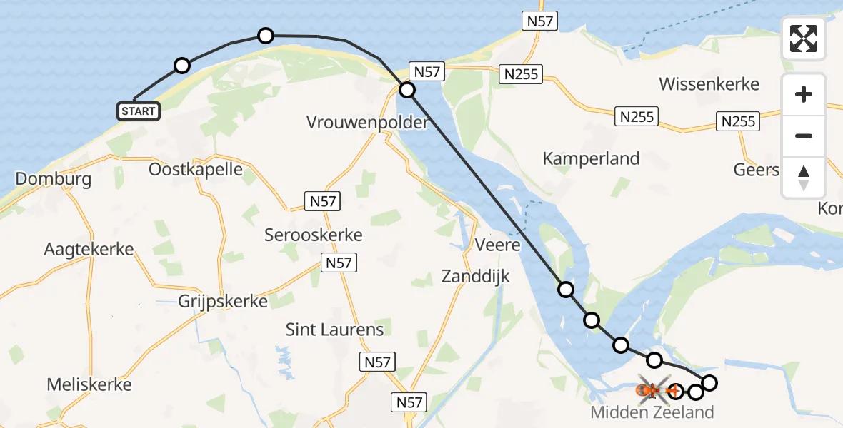 Vluchtroute Kustwachthelikopter Oostkapelle - Vliegveld Midden-Zeeland, 27 juli 2026, 19:15