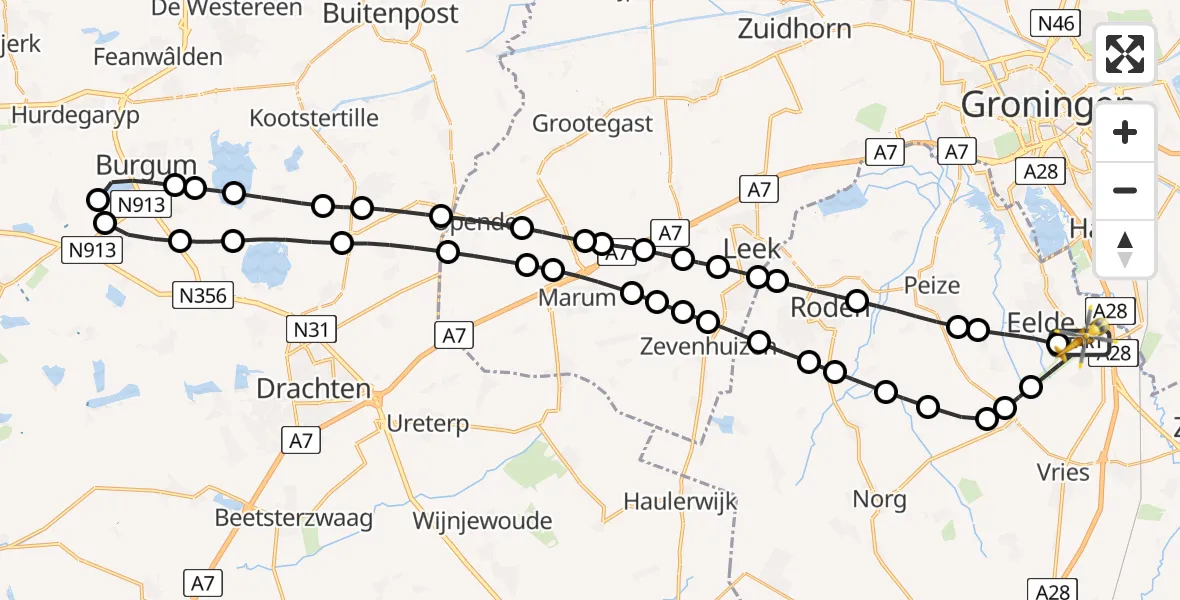 Vluchtroute Traumahelikopter Groningen Airport Eelde - Groningen Airport Eelde, 27 juli 2026, 20:24