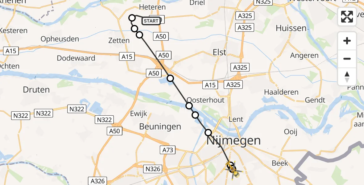 Vluchtroute Traumahelikopter Heteren - Radboud University Medical Center Heliport, 28 juli 2026, 00:50