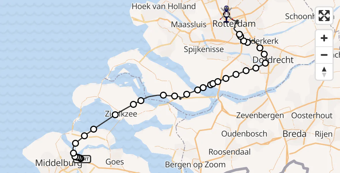 Vluchtroute Politiehelikopter Vliegveld Midden-Zeeland - Rotterdam The Hague Airport, 28 juli 2026, 08:36