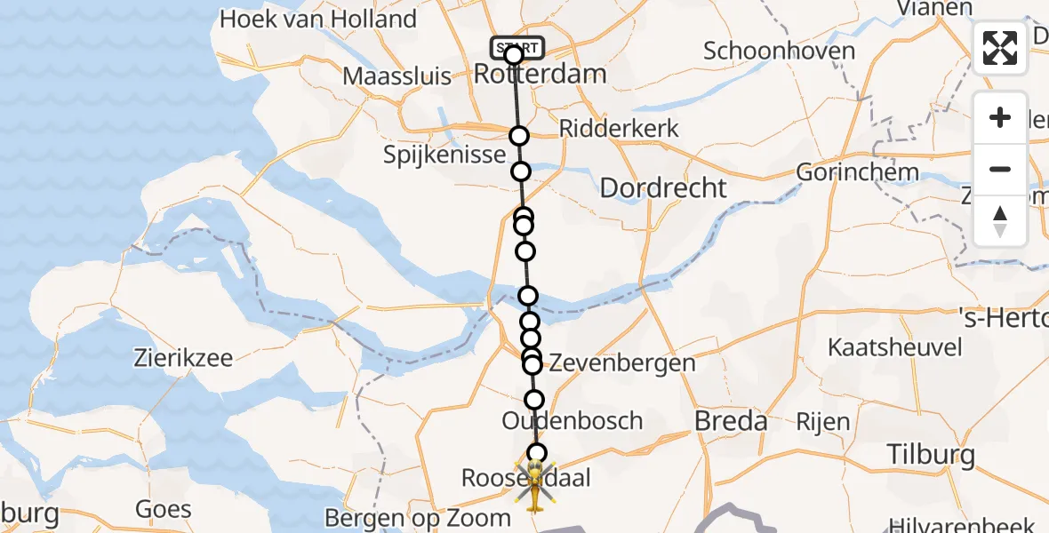 Vluchtroute Traumahelikopter Rotterdam The Hague Airport - Roosendaal, 28 juli 2026, 09:08