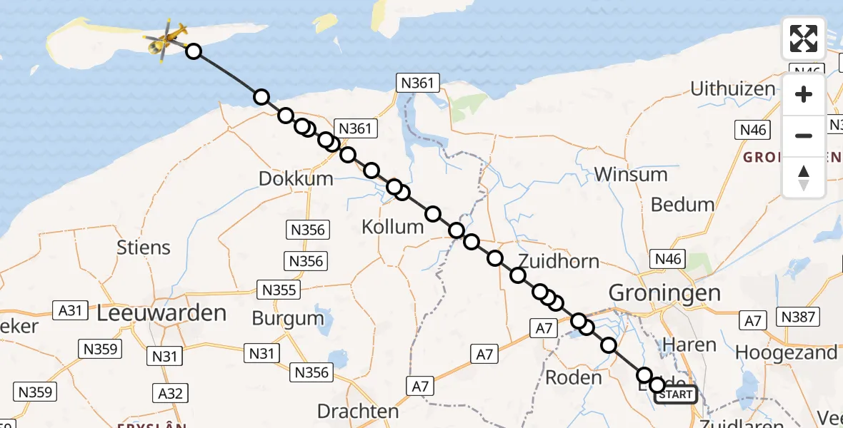Vluchtroute Traumahelikopter Groningen Airport Eelde - Buren, 28 juli 2026, 09:45