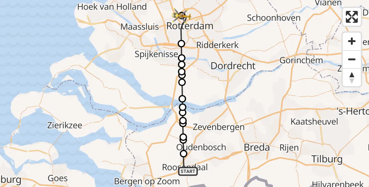 Vluchtroute Traumahelikopter Roosendaal - Rotterdam The Hague Airport, 28 juli 2026, 10:42