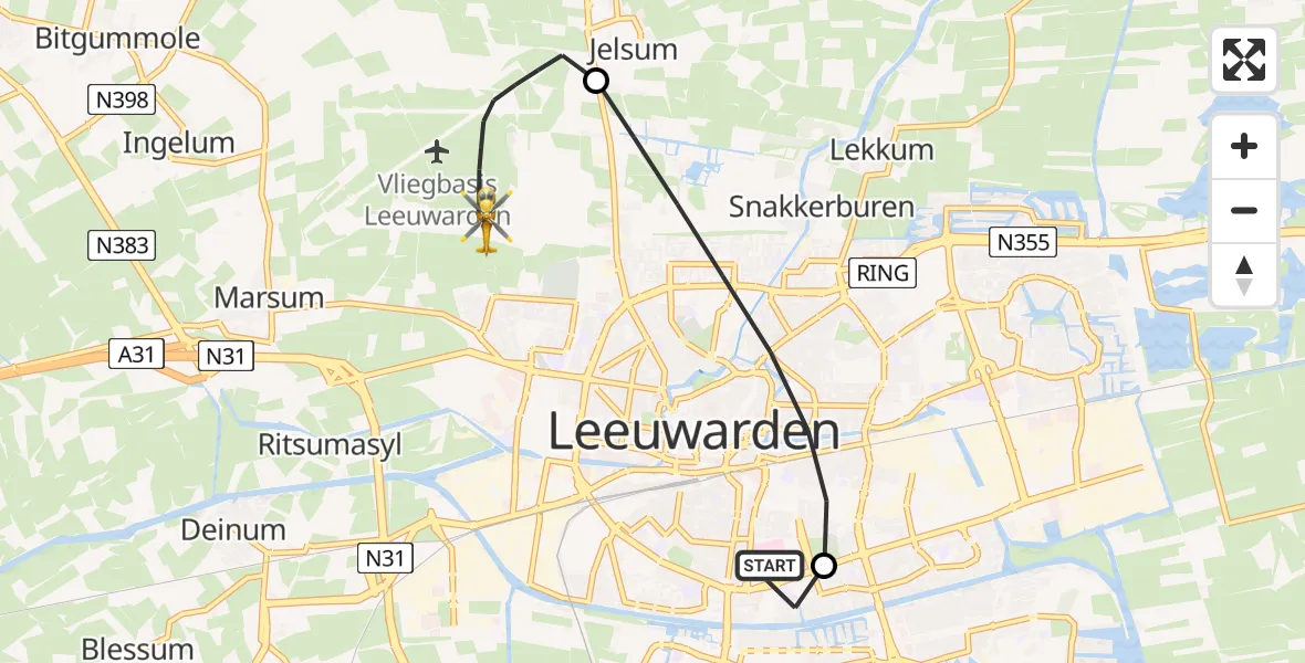 Vluchtroute Ambulancehelikopter Leeuwarden Medical Center Heliport - Vliegbasis Leeuwarden, 28 juli 2026, 10:55